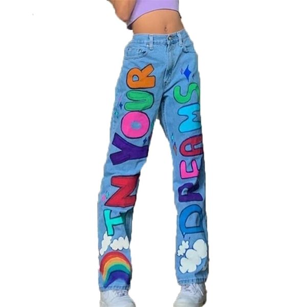 

colorful letter print straight leg jean spring casual loose high waist wide blue denim pants pantalones 210809