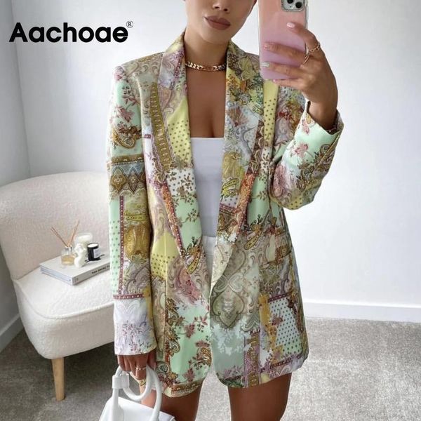 

women's suits & blazers aachoae women vintage floral printed blazer notched collar long sleeve female fashion autumn outerwear, White;black