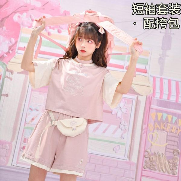 

women's t-shirt 2021 summer elastic waist short-sleeved shorts two-piece suit girl cute sweet pink and white stitching japanese