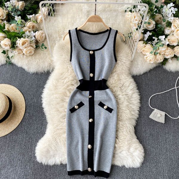 

singreiny women korean knitted dress sleeveless o neck slim pencil dresses summer elastic bodycon streetwear short dress 210419, Black;gray