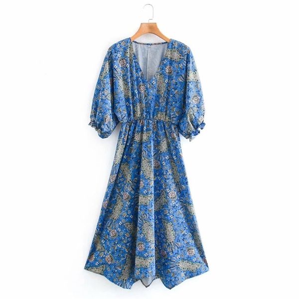 Mulheres verão vintage vestido v-garganta 3/4 manga cintura elástica cintura floral feminino elegante rua solta vestidos 210513