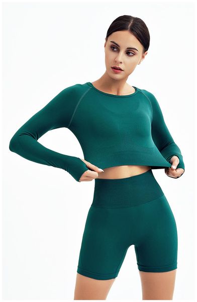 

yoga outfit seamless set women two piece crop shirt long sleeve shorts sportsuit workout fitness sport gym wear clothing