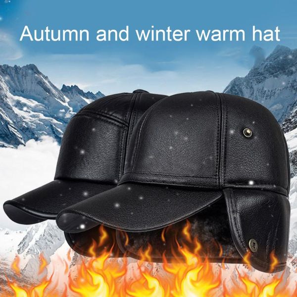 

berets arrival men baseball cap pu leather plush warm winter outdoor sports earflap hunting hat, Blue;gray