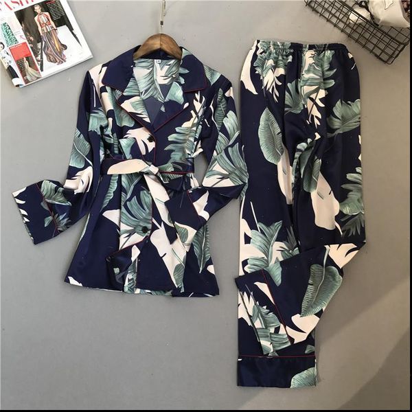 

spring summer flower printing pajamas women sleepwear sets with pants satin long sleeve nightwear pyjama nightsuit pijama, Black;red