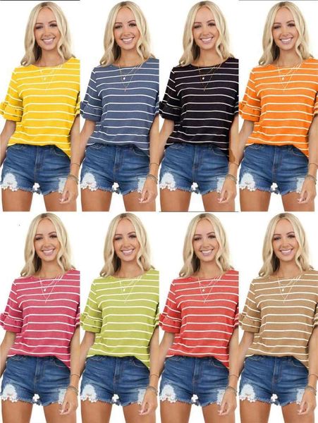 

women's t-shirt 2021 spring and summer striped ruffle short sleeve vplv, White