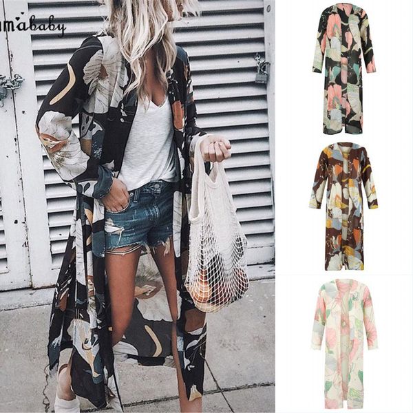 

2020 autumn fashion women lady floral printed maxi kimono duster cardigan chiffon shirts loose blouses streetwear beach x0521, White