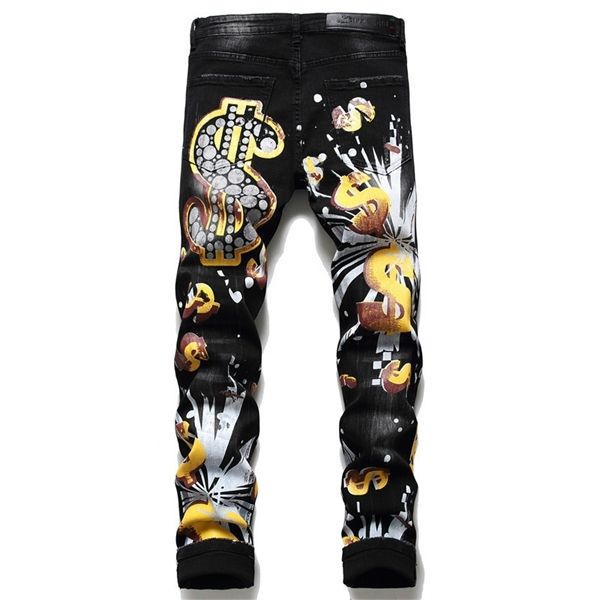 

trendy money icon printed jeans men black gold four season 2021 slim fit pants hip hop dance party denim fashion, Blue