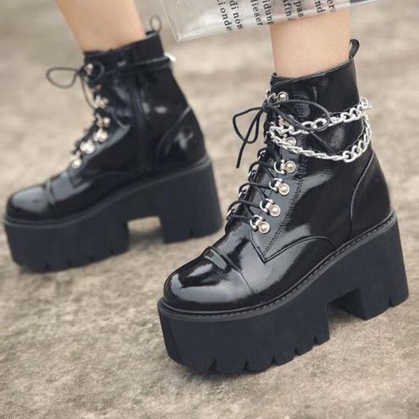 

boots women's quality patent leather platform botas ladies chain ankle high heel lace up punk shoes black goth