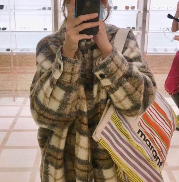 

women's wool & blends french niche loose double pocket plaid jacket outline long overcoat 20 autumn and winter clothes, Black
