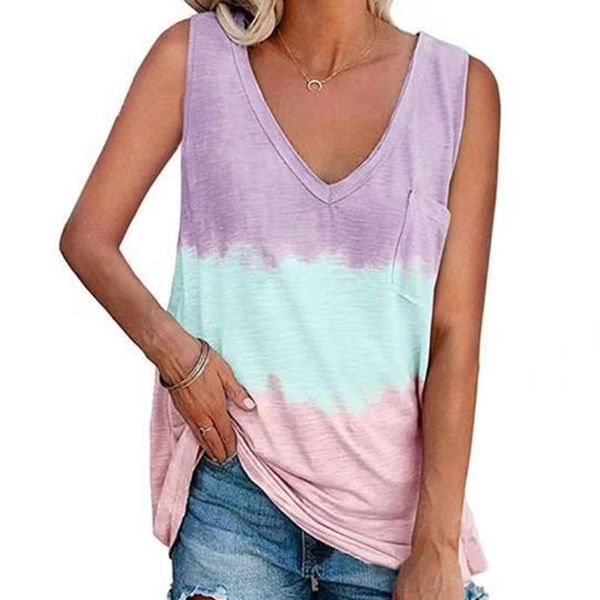 

women's tanks & camis stripe tie dye women vest summer loose sleeveless pocket ladies tpos causal patchwork long top, White