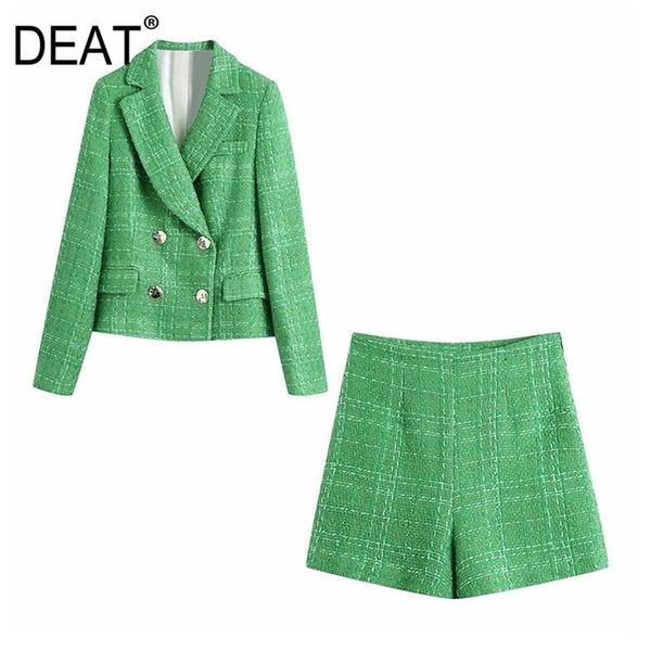 

[deat] spring fashion long sleeve double breasted v-neck blazer lattice loose shorts women two-piece suit 13c690 210527, White
