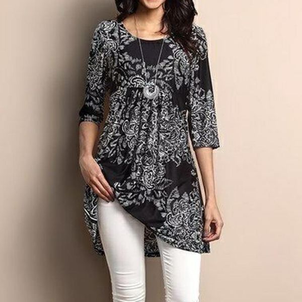 

bohemian paisley floral print women t shirts three quarter sleeve o neck muti colors loose plus size, White