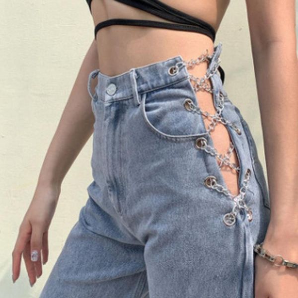 

cross side chains hollow out womens jeans straight high waisted streetwear knee length denim pants street style, Blue