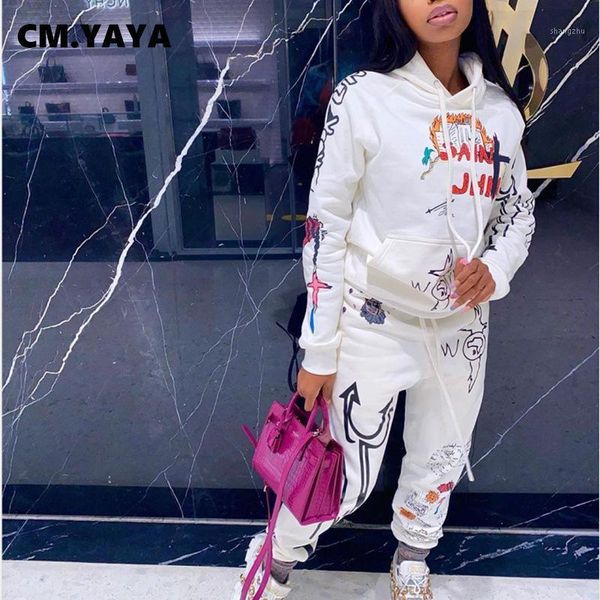 

women's tracksuits cm.yaya graffiti streetwear two piece set women tracksuit female white black hoodies pants matching sets outfits swe, Gray