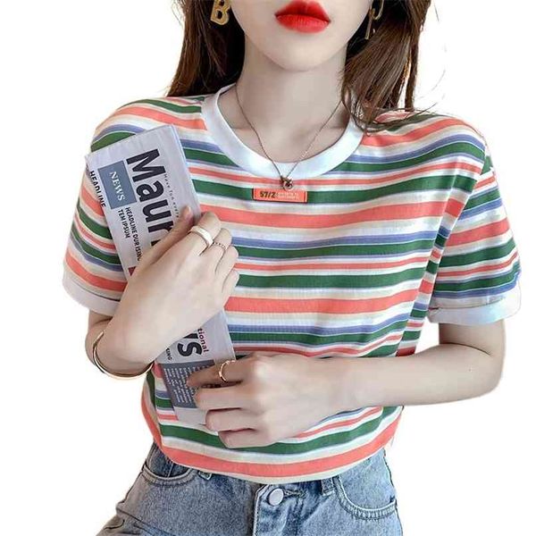 

rainbow striped short-sleeved woman tshirts summer loose student cotton all-match women fashion 210520, White