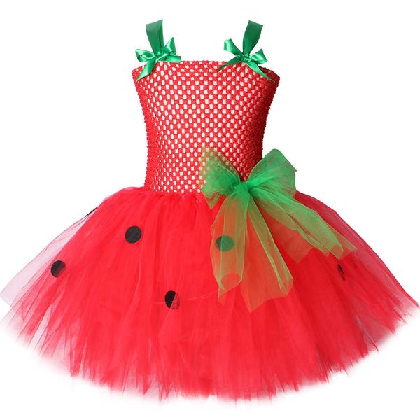 Morango Meninas Tutu Vestido Vermelho Verde Tulle Crianças Menina Festa Dress Kids Birthday Christmas Christmas Halloween Traje para meninas 2-12Y Q0716