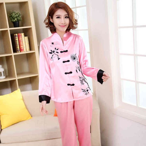 

Women's Sleepwear Pink Traditional Chinese Women Silk Pajamas Set Embroidery Flower Pyjamas Suit Home Wear 2PCS  L XL XXL 3XL 6Q4P, Black;red