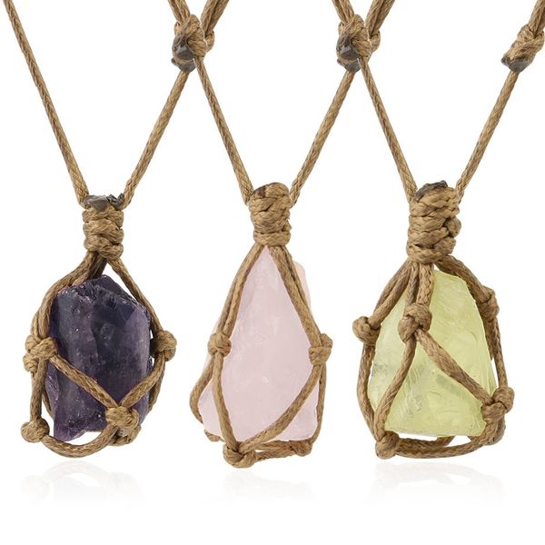 

natural stone rope wrap necklace irregular rose crystal quartz pendant necklaces adjustable women girl vintage jewelry, Silver