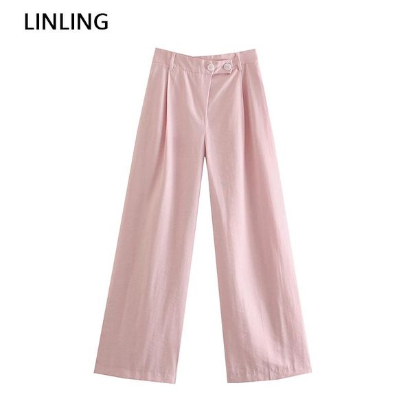 

women's pants & capris women 2021 summer fashion high waist pink color wide leg female pleated chic buttons pocket zipper casual loose, Black;white
