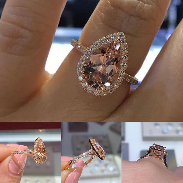 

wedding rings 2021 1pc female fashion elegant cubic zirconia ring rose gold color water drop crystal champagne, Slivery;golden