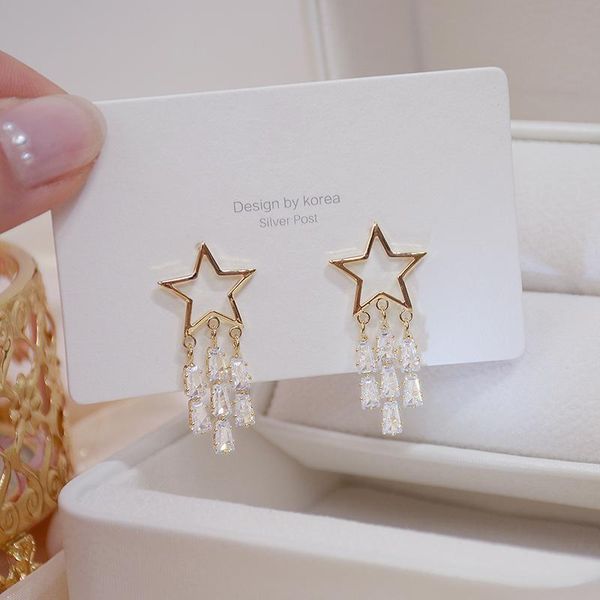 

dangle & chandelier 14k real gold shine tassel crystal star women earring zircon drop bohemia wedding jewelry pendant, Silver