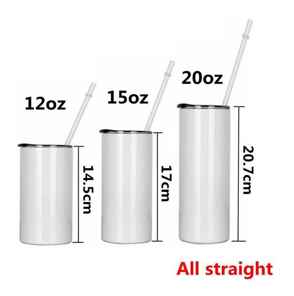 

sublimation skinny tumblers 12/15/20oz blank white straight cup with lid straw stainless steel vacuum insulated water mug lxl1424-1
