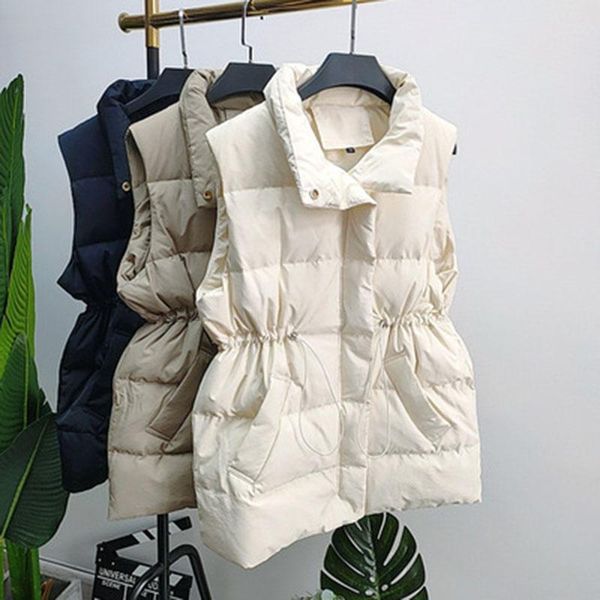 

women's vests 2021 cotton padded down vest women mid-length autumn winter warm sleeveless jacket waistcoat sashes outerwear student ves, Black;white