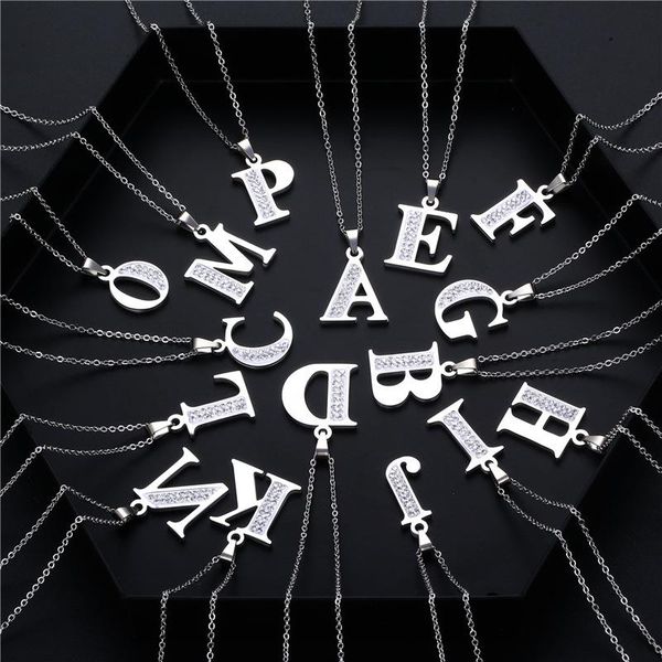 

pendant necklaces stainless steel letter necklace for women pottery clay initial name pendent with zircon neck jewelry gift, Silver