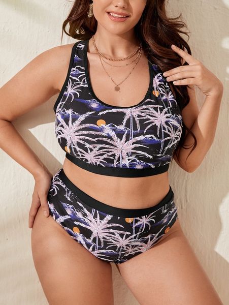 

plus plant print bikini swimsuit f6dv#, Black