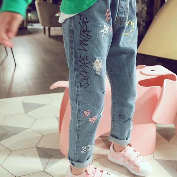 

fashion printed kids jeans for girls spring autumn casual loose children trousers teenager pants, Blue