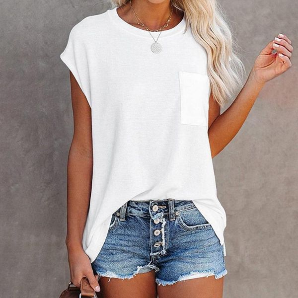 

women's t-shirt solid tee shirts women pocket 2021 summer casual o-neck loose t shirt short sleeve female soft mujer camisetas, White