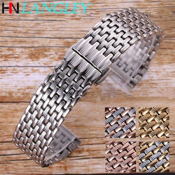

watch bands band solid smooth stainless steel strap bracelet butterfly buckle men women 14/16/18/20/22mm, Black;brown
