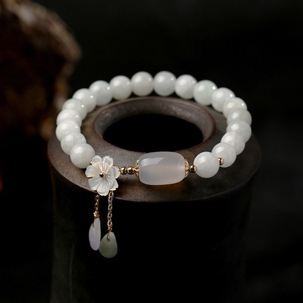 

natuurlijke jade emerald agaat kralen armband verstelbare bangle charm sieraden yoga water drop shell bloem hanger vrouw, Golden;silver