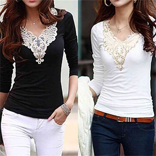 

women's embroidery lace decoration v neck long sleeves slim cotton t-shirt, White