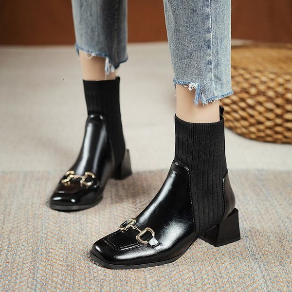 

knitted elastic short women's 2021 autumn style square head thick heel thin fashionable fashion boot, Black