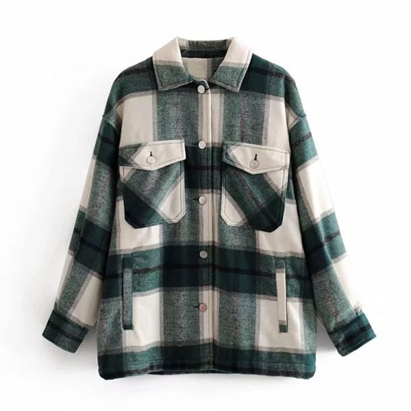 Vintage Woolen Bluse Frauen Hemd Jacke Langarm Mode Damen Dicken Plaid Mantel Hemd Weibliche Streetwear Oversize Tops Hemd 210419