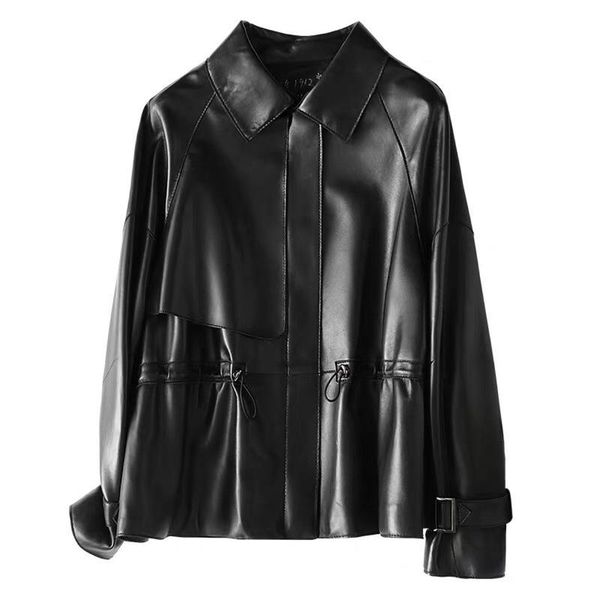 

women's leather & faux autumn 2021 haining small coat sheep short fit waistband jacket, Black