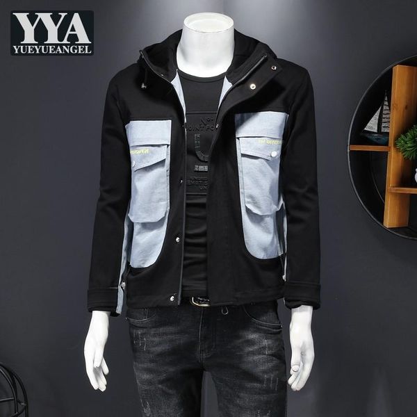 

mixed colors hooded jacket men fashion pocket cargo coat spring zipper slim fit short outerwear hip hop casual mens jackets men's, Black;brown