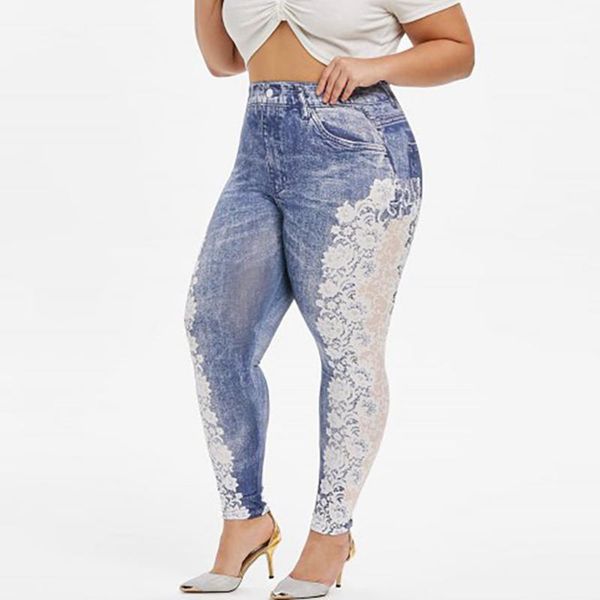

fashion womens plus size casual leggings imitation cowboy lace flower printing elastic high waist soft slim pants women's, Black
