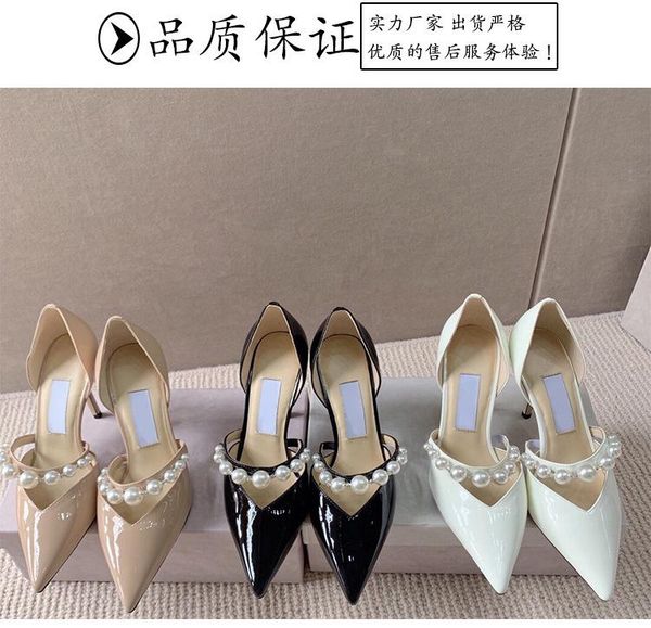 

sandals women's shoes pearl high heels patent leather hollow v-pointed stiletto heel rhinestone single women, Black