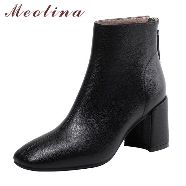 

winter ankle boots women zipper thick high heel short fashion square toe shoes female autumn size 34-39 210517, Black