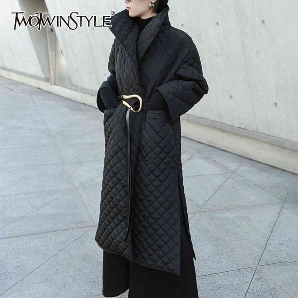 

casual loose parkas for women lapel long sleeve side split black cotton coat female winter fashion style 210524