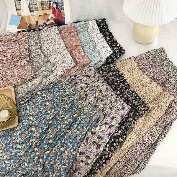 

summer fashion folds over the knee beach skirt sweet retro floral vintage for womens korean midi pleated women 210420, Black