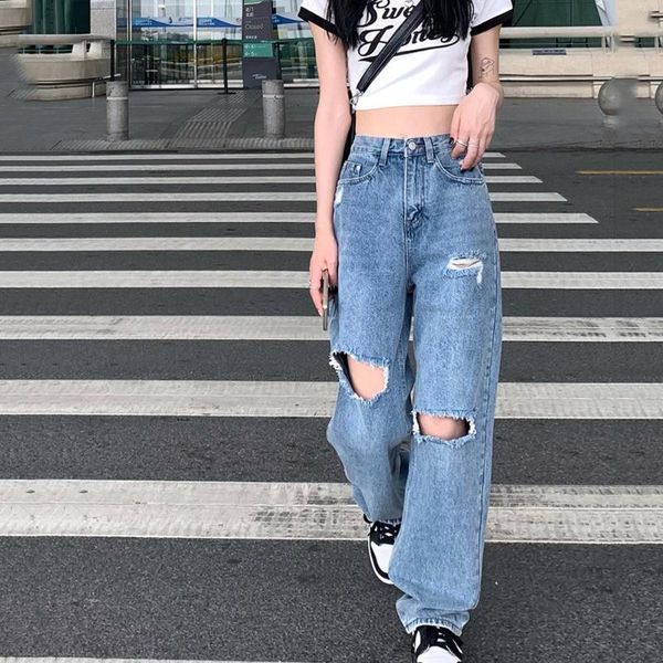 

women's jeans blue straight wide leg ripped woman 2021 summer fashion high waist women streetwear cowboy pants