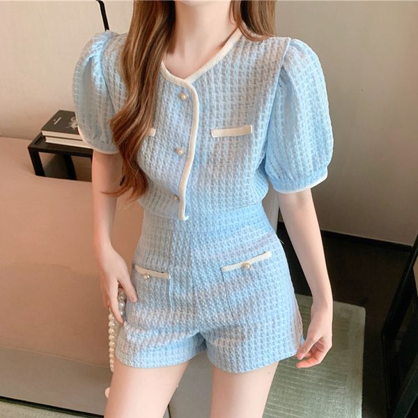 

women's jumpsuits & rompers small fragrance korean sweet two piece set women crop sleeve shirt blouse + shorts casual 2 pants, Black;white