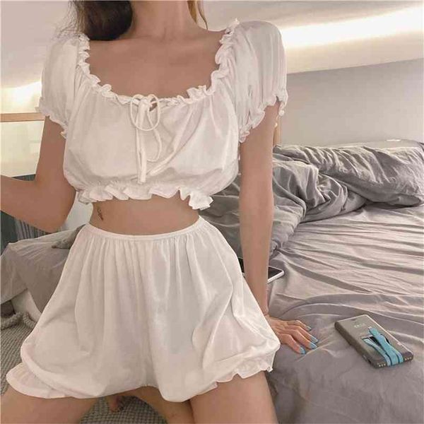 

qweek kawaii room wear girl summer pajamas lace straps pyjamas mini and shorts pijamas 2 piece set nightwear 210809, Black;red