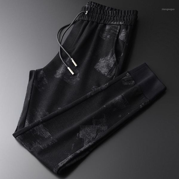 

men's pants minglu autumn and winter men luxury velvet soft yarn-dyed sport plus size 4xl slim fit elastic waist trousers, Black