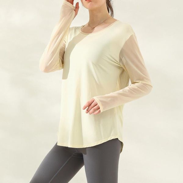 

solid women sport shirt net yarn long sleeve breathable yoga fitness female gym wear loose running sportswear1, White;red