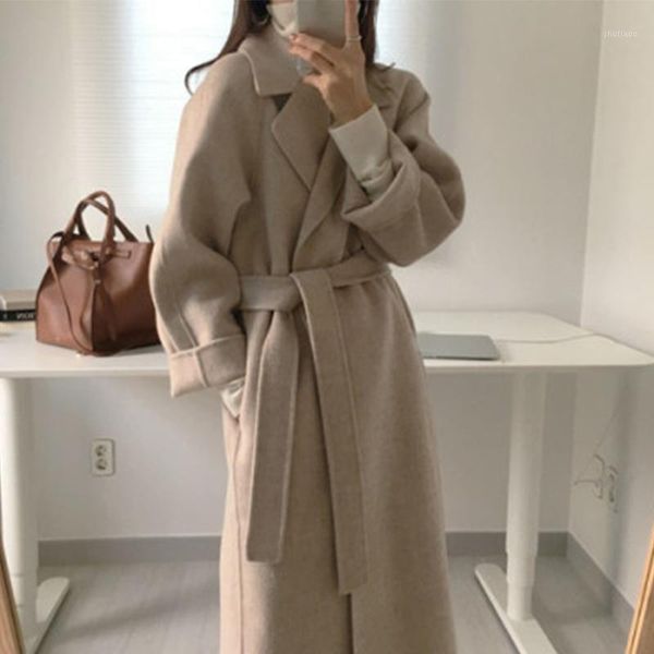 

women's wool & blends 2021 notched lace up long coats sleeve pocket straight casual ladies overcoat, Black