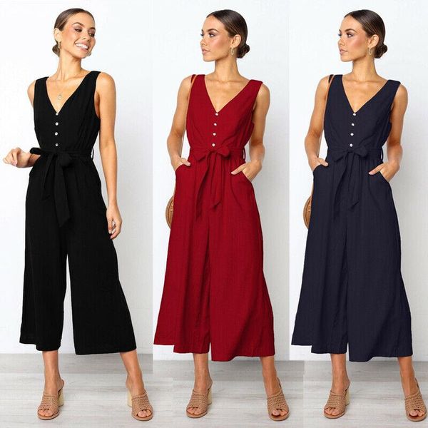 

women's jumpsuits & rompers fashion summer v-neck sleeveless solid color wide leg romper jumpsuit playsuit clothes, Black;white